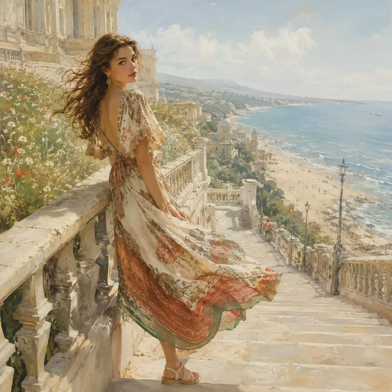 Woman on seaside staircase in soft watercolor illustration