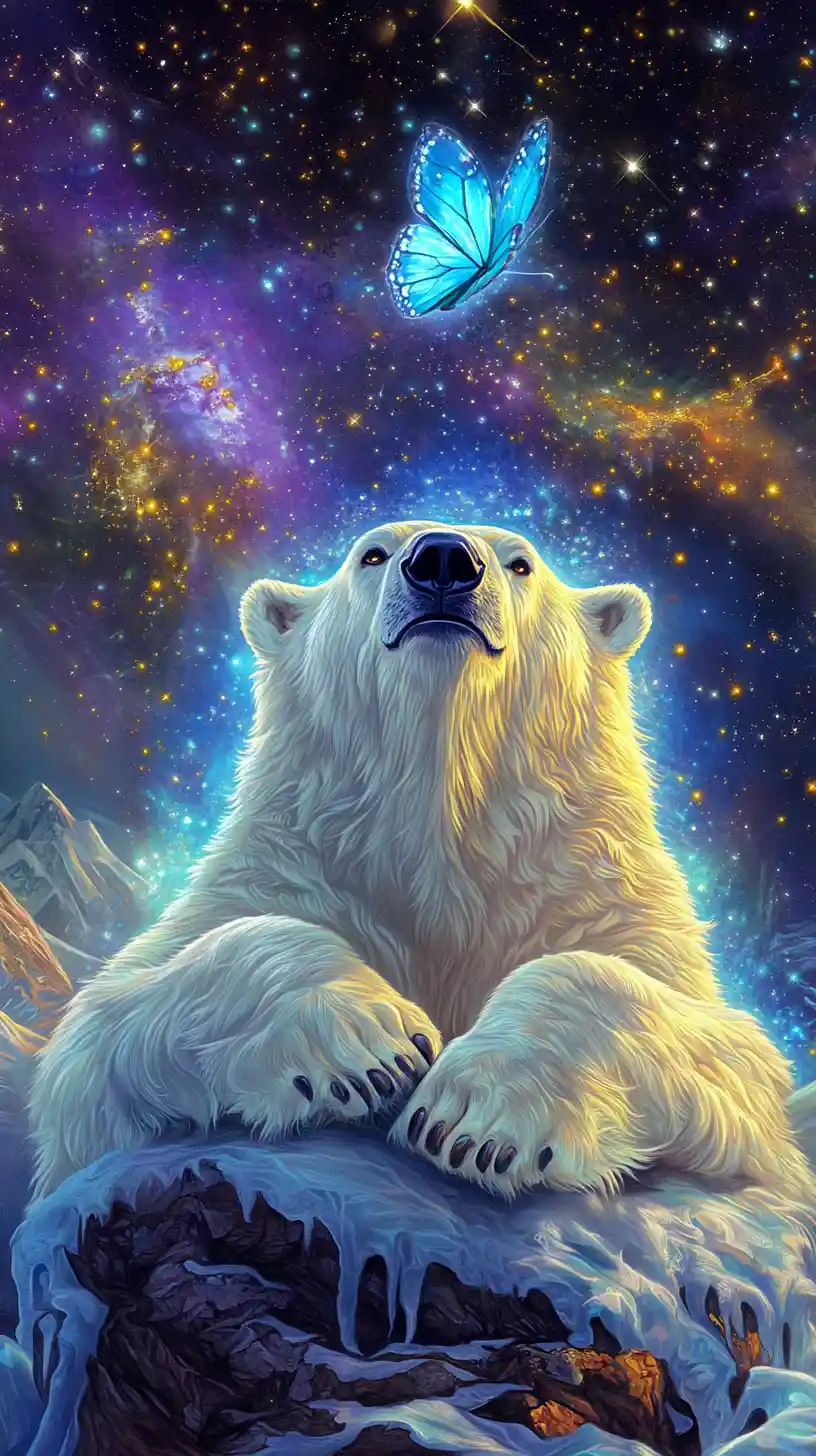 Mystical Polar Bear Under Stars In Cosmic Night Sky