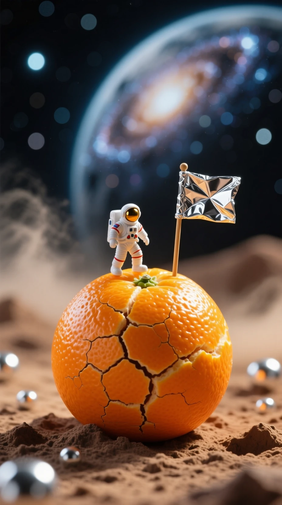 Mini-Astronaut erkundet orangefarbene Oberfläche wie einen fremden Planeten