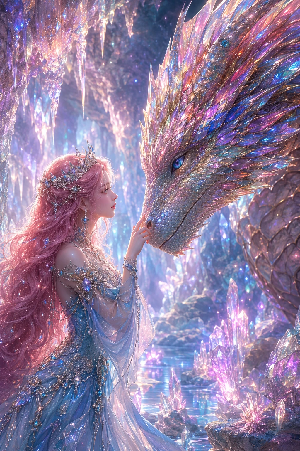 Garota de cabelo rosa tocando um dragão cravejado de joias