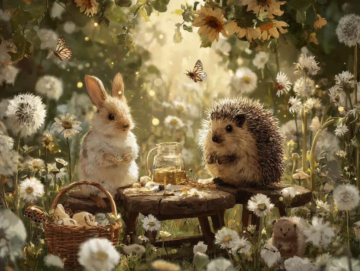 Joyful forest animals having a picnic in a grain field