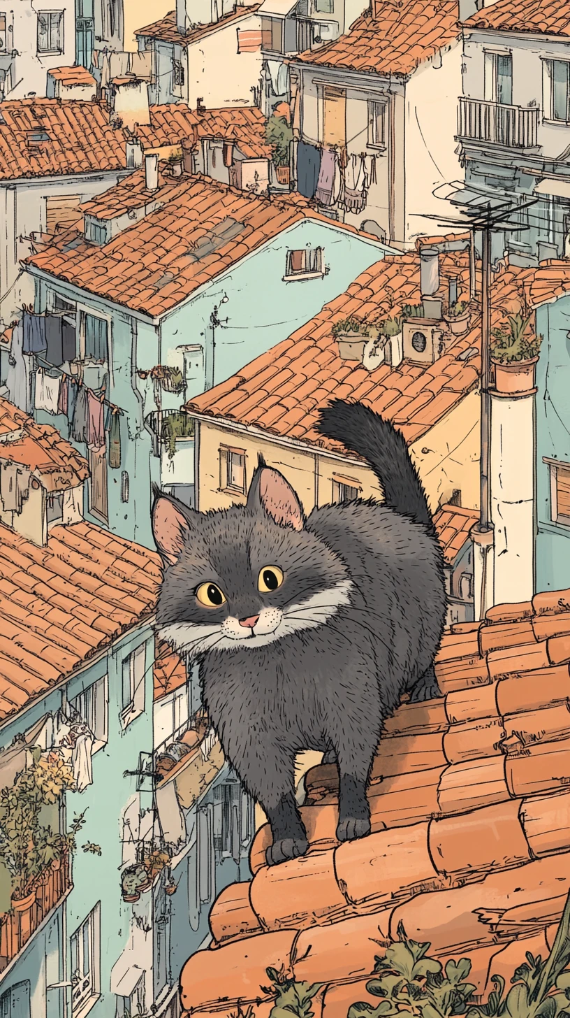 Verspielte Cartoon-Katze spaziert über die Dächer einer europäischen Stadt
