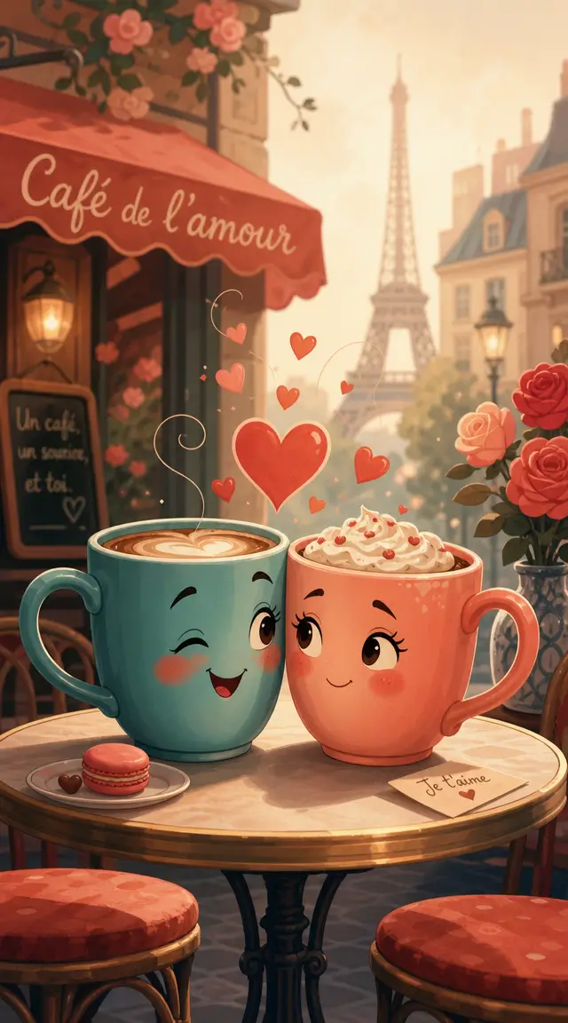 Tazze da caffè romantiche in stile cartoon in un sognante caffè parigino