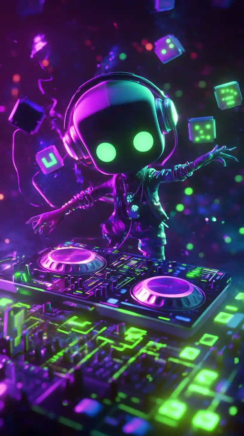Chibi demon DJ mixing neon turntables in dark club