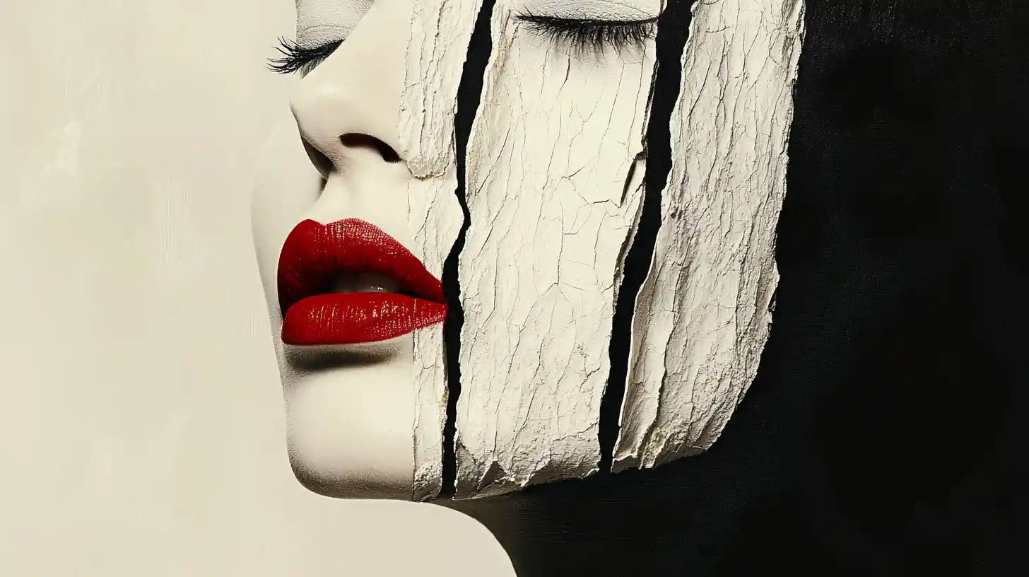 Fragmented female face with bold red lips in abstract collage