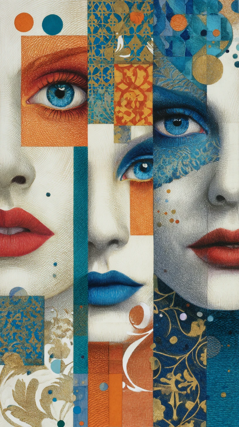 Retrato cubista a lápis de cor de três mulheres fragmentadas