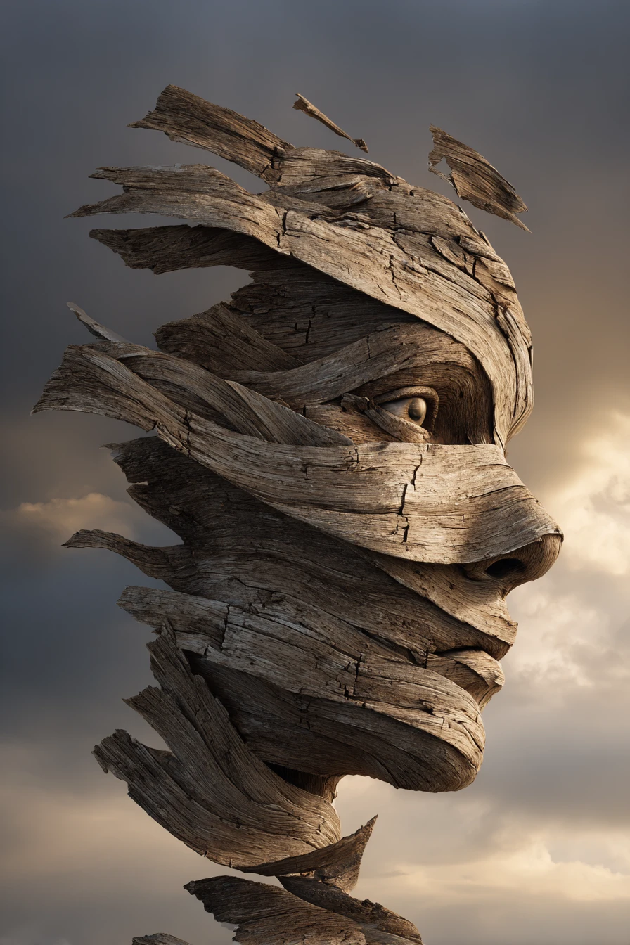 Cabeça Humana de Madeira Fragmentada Surreal Contra Céu Nublado