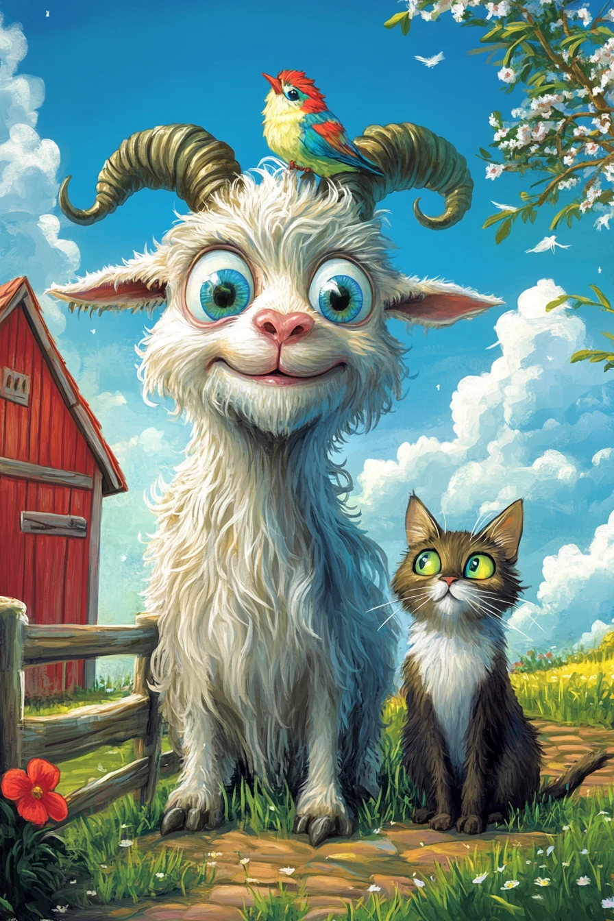 Chèvre et chat aux grands yeux dans une ferme colorée