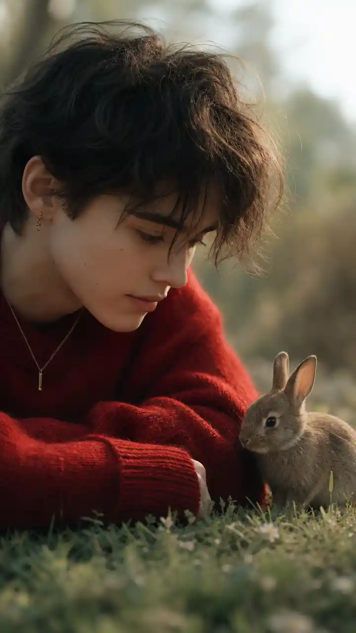 Serene portrait with a baby rabbit in soft light