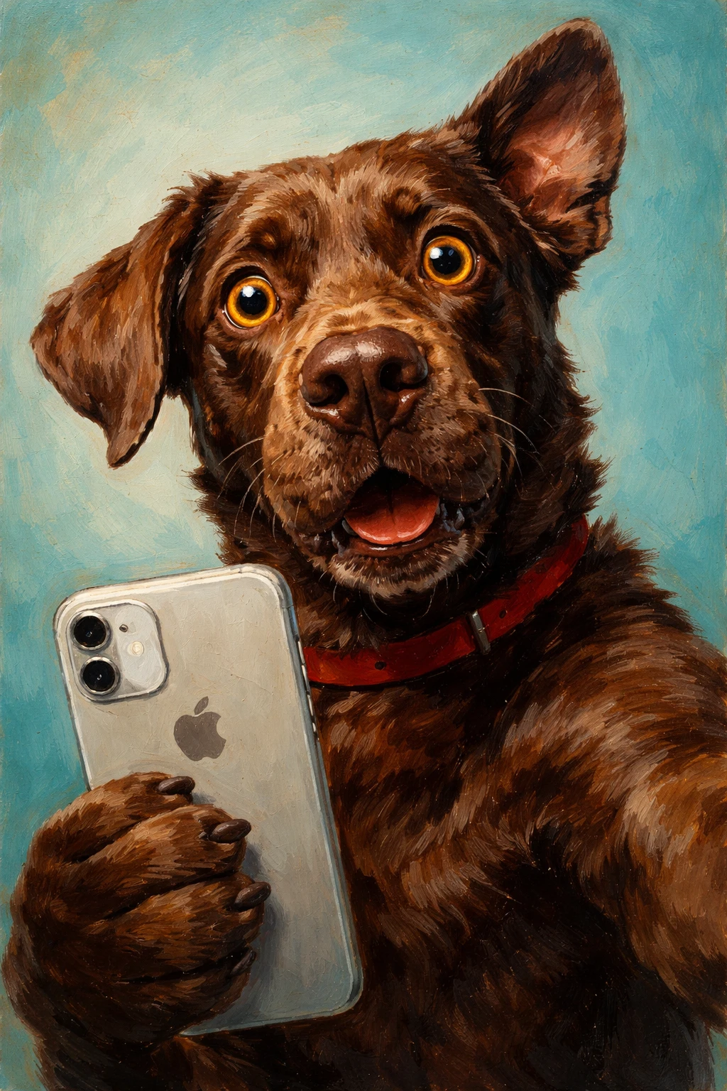 Retrato a óleo de labrador chocolate tirando uma selfie divertida com smartphone