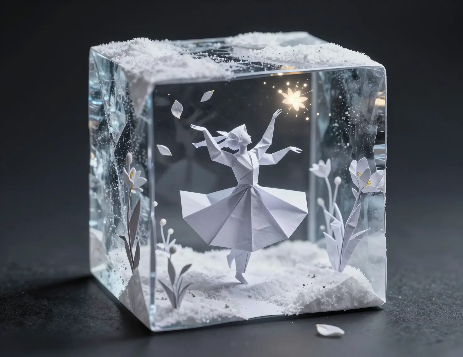 在冰冷微型雪景中起舞的摺紙人物