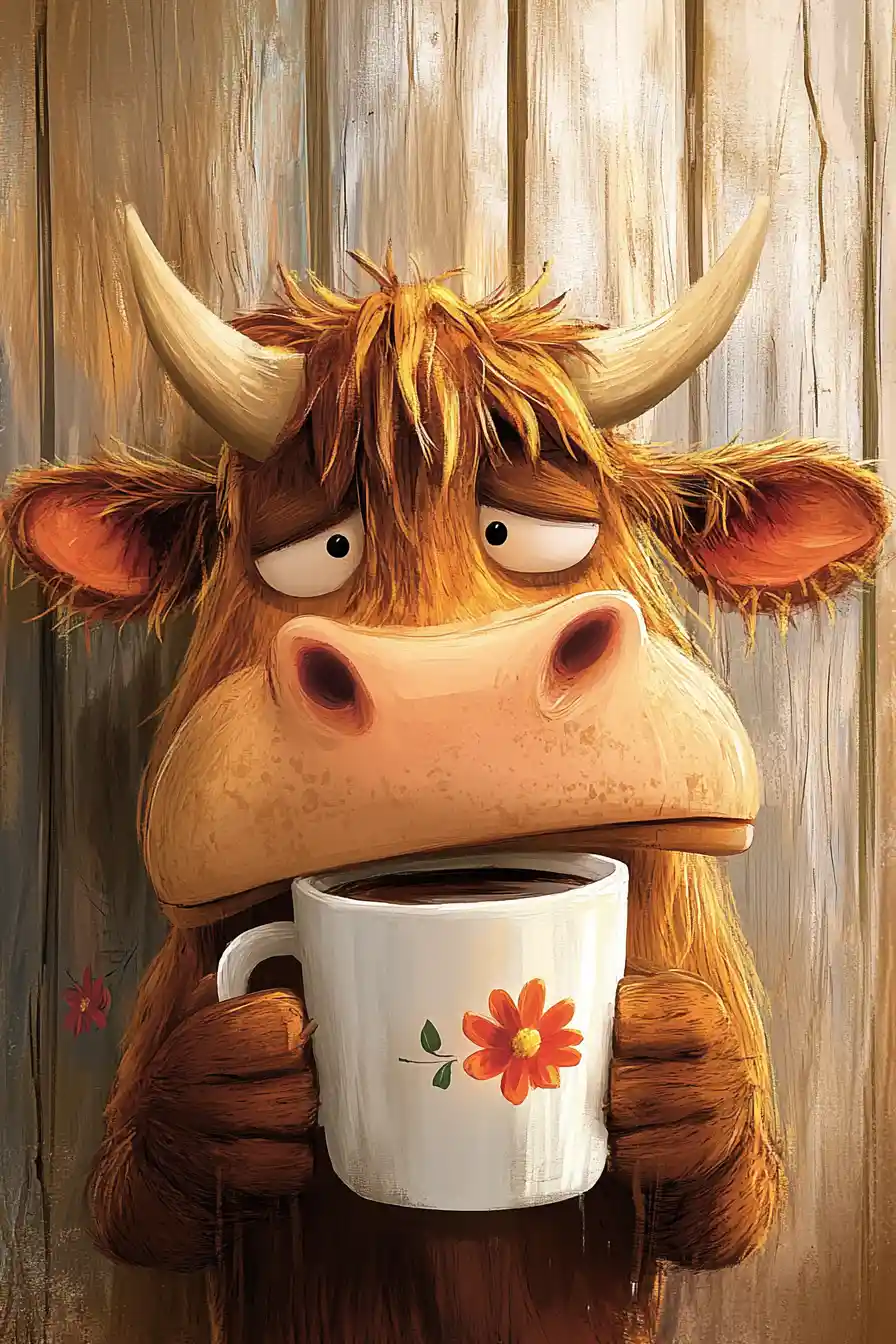 Sleepy cartoon cow with coffee mug against wooden wall