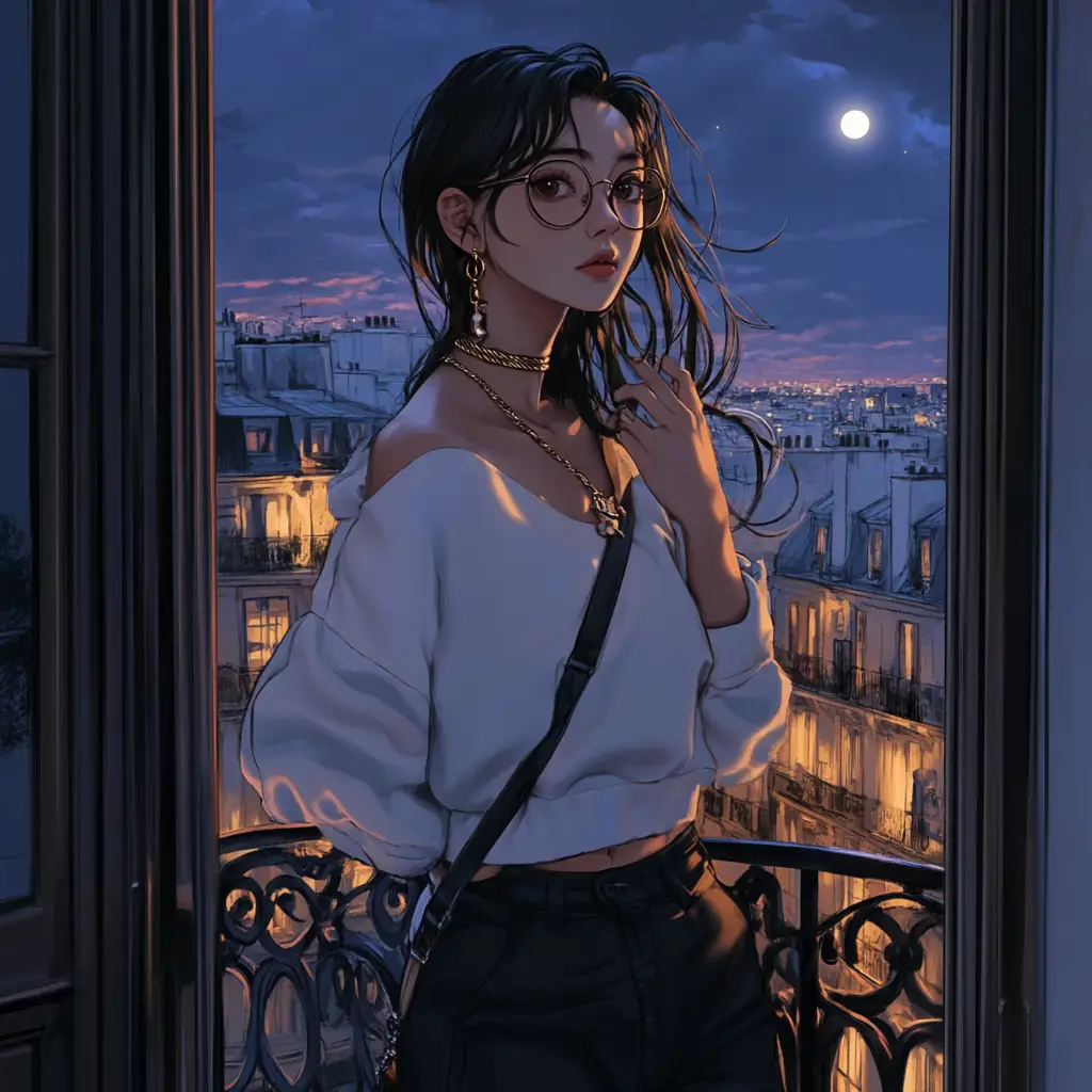 年輕女子在巴黎陽台夜晚抽菸