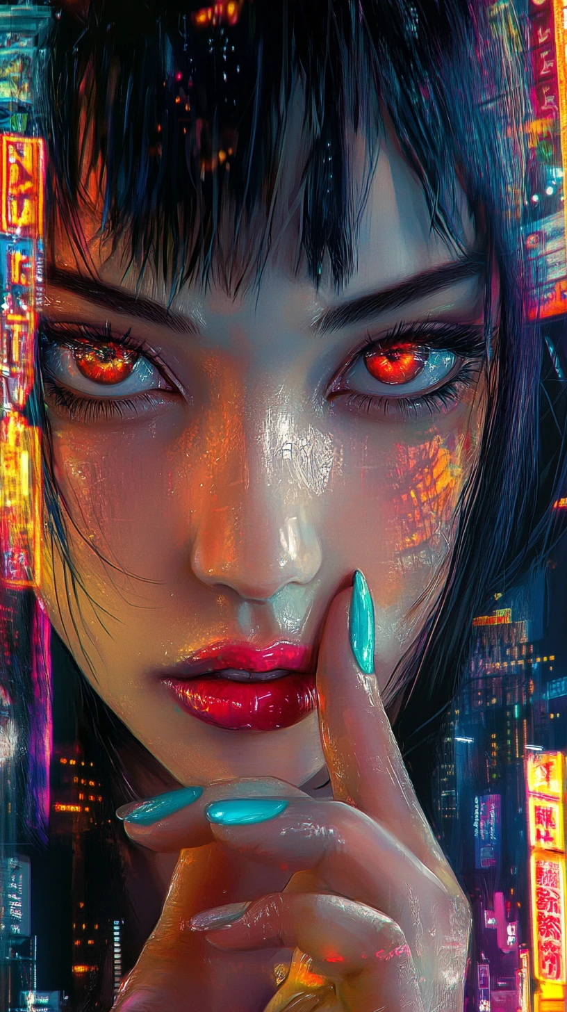Retrato de mulher em anime com luzes neon de cidade cyberpunk