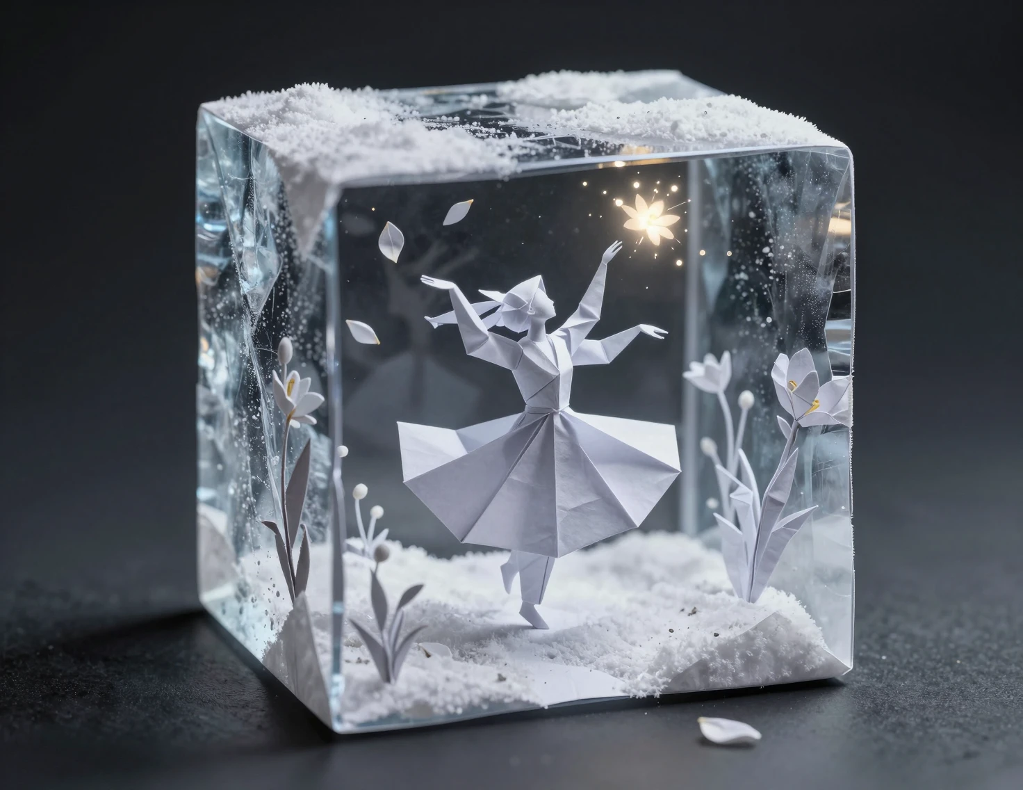 Figura de origami bailando en una escena nevada en miniatura y helada