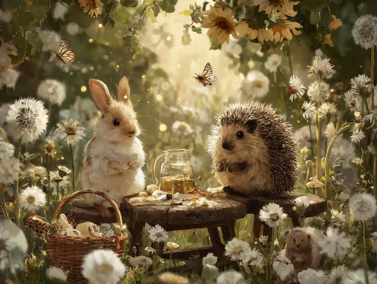 Joyful forest animals having a picnic in a grain field