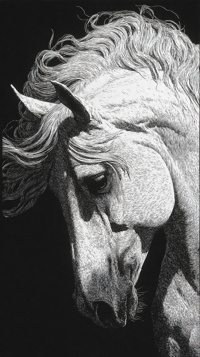 Cavallo arabo bianco in primo piano in un drammatico ritratto scratchboard