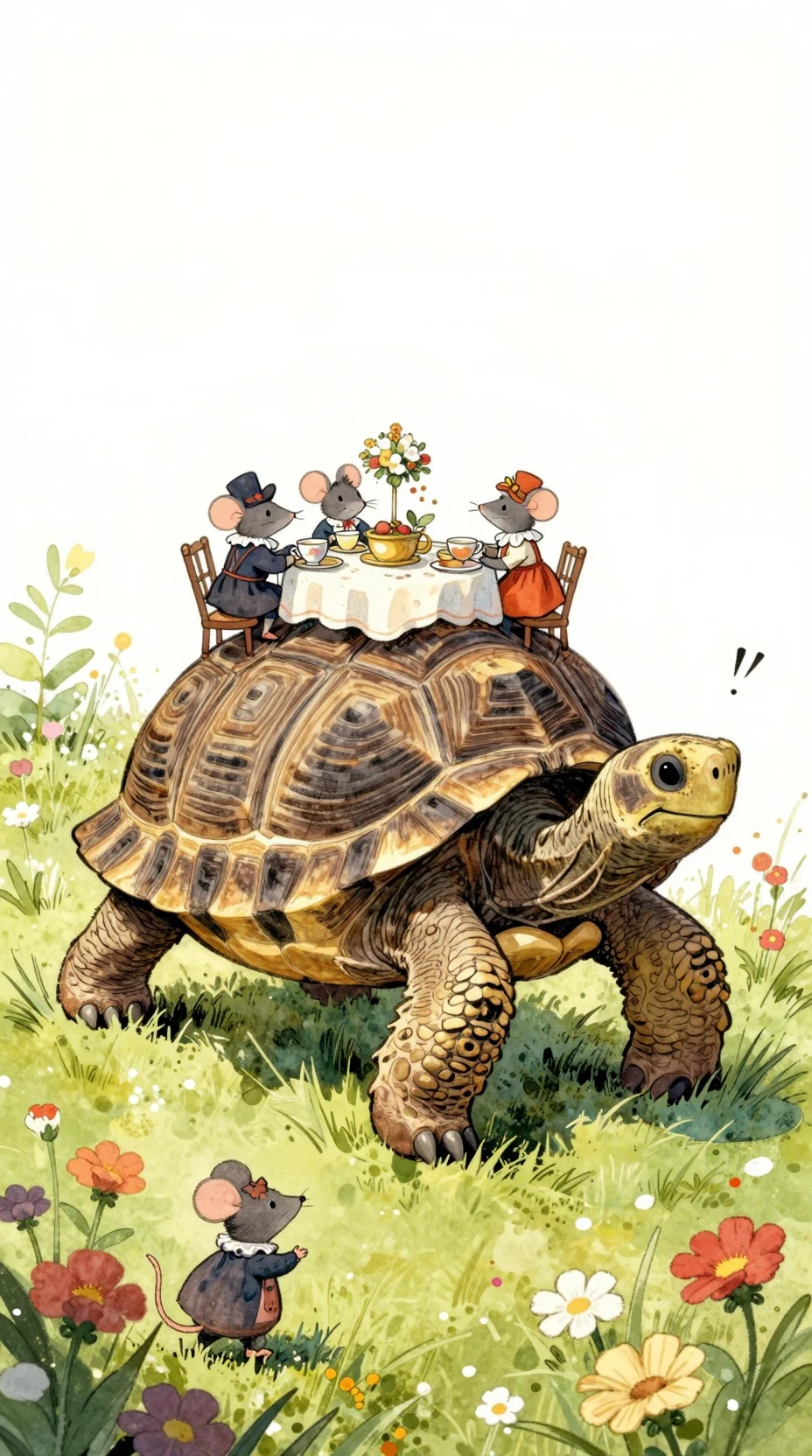 Whimsical tortoise carrying a tiny tea party through meadow
