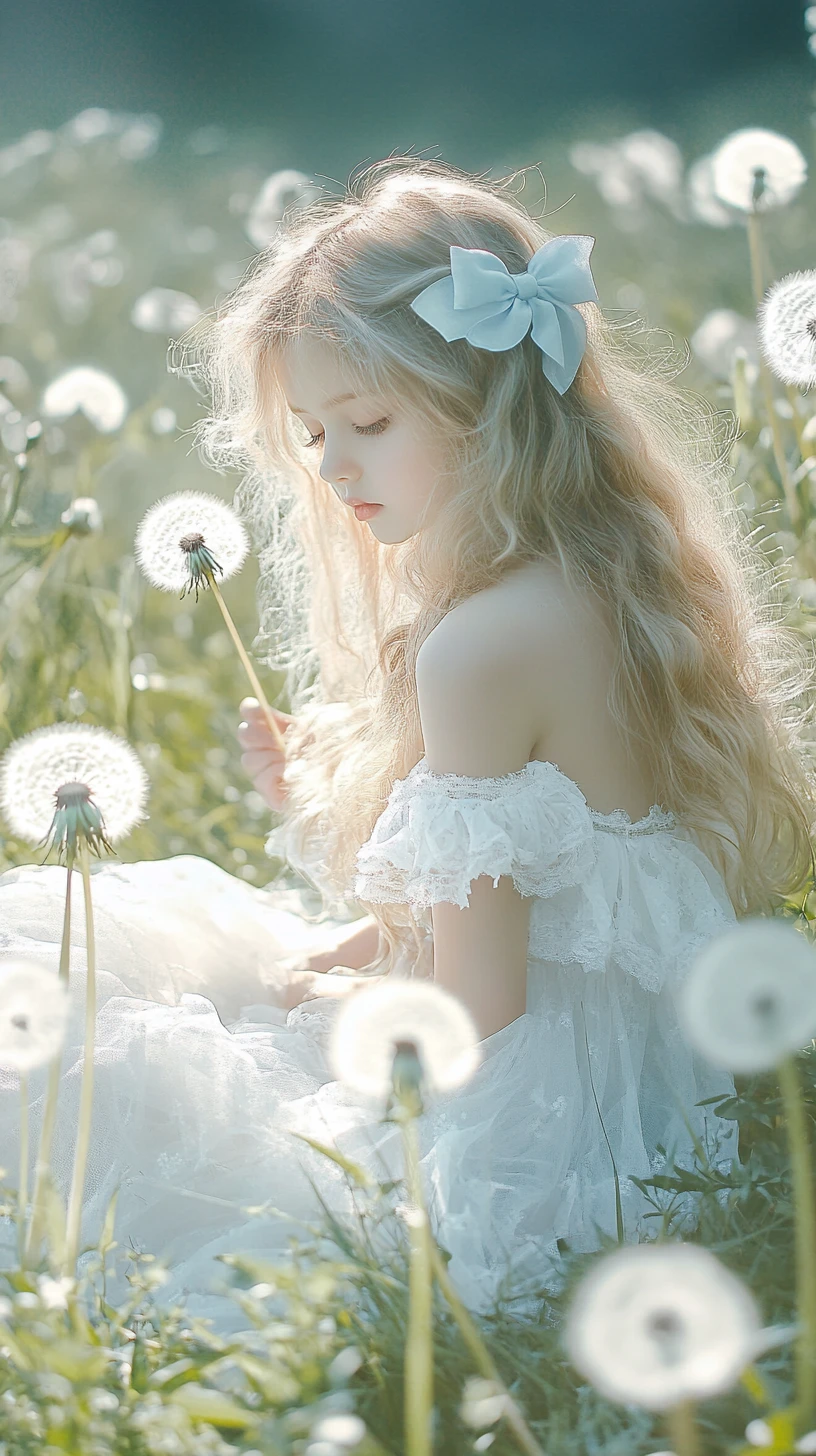 Young girl in sunny meadow with dandelions