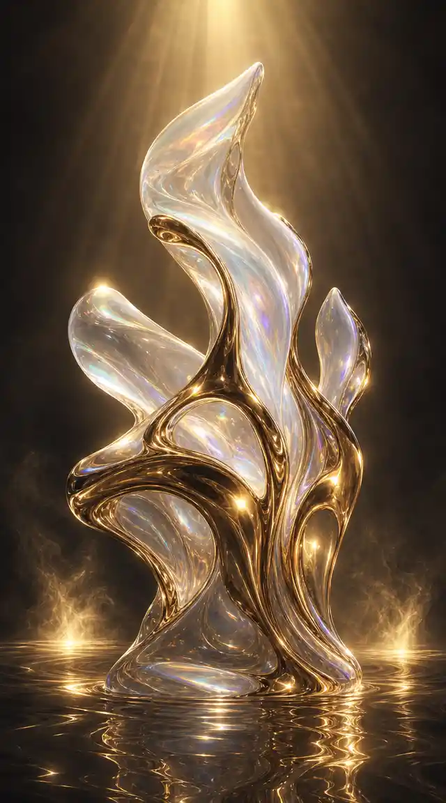 Futuristic glass and metal sculpture in soft sunlight