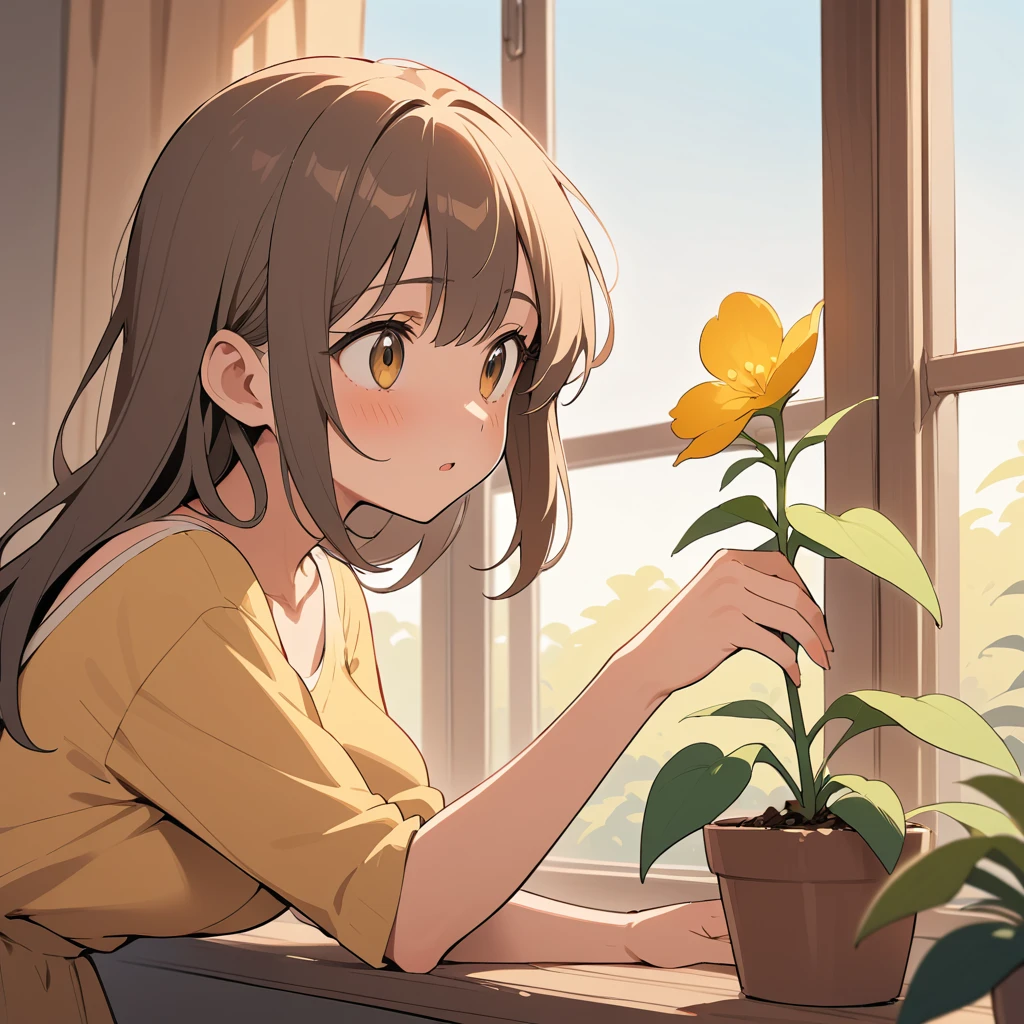 溫暖窗光下澆灌植物的年輕女子