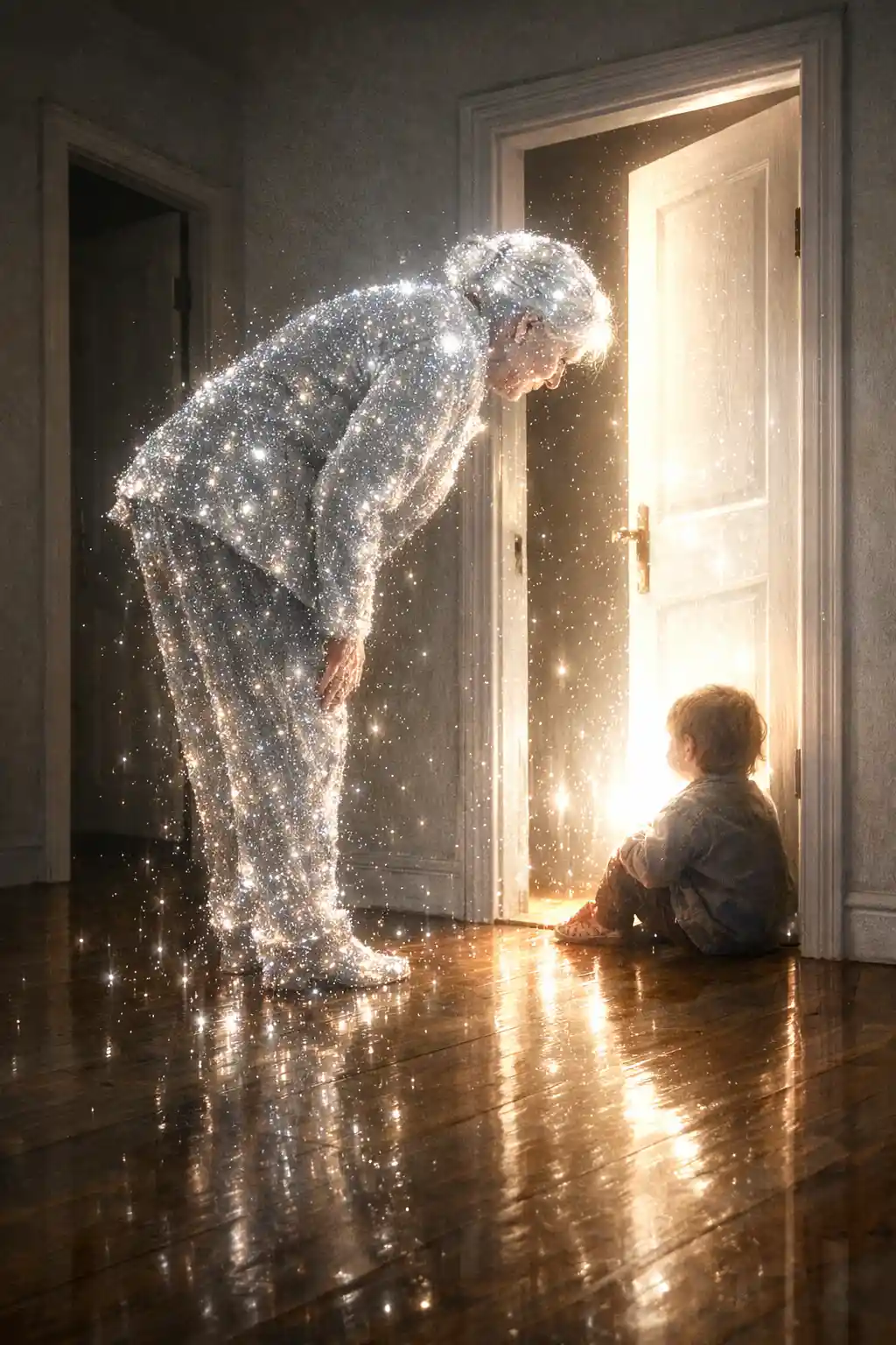 Ethereal Woman Of Light Bending Toward A Child