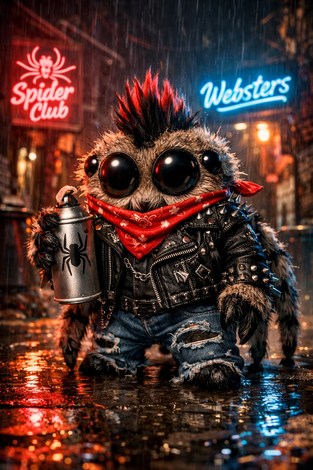 Punk spider with spray can in neon lit city alley