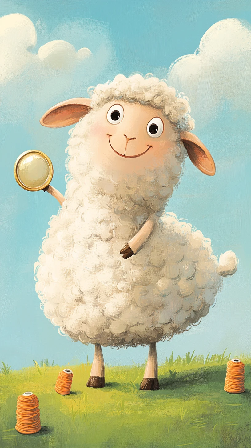 Mouton cartoon enjoué s’admirant dans un champ ensoleillé