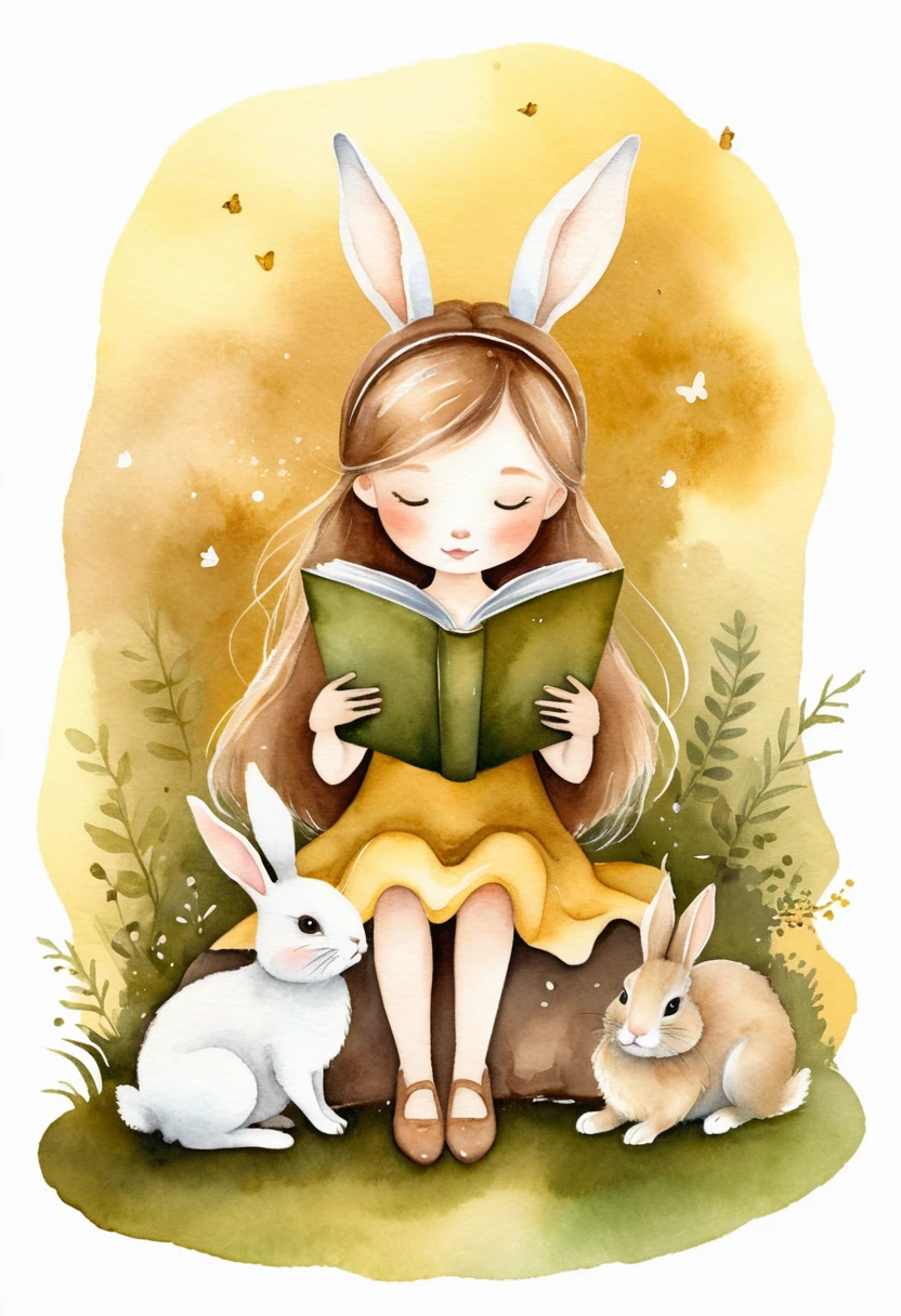 Fada fofa e fantasiosa lendo um livro com um pequeno coelho branco