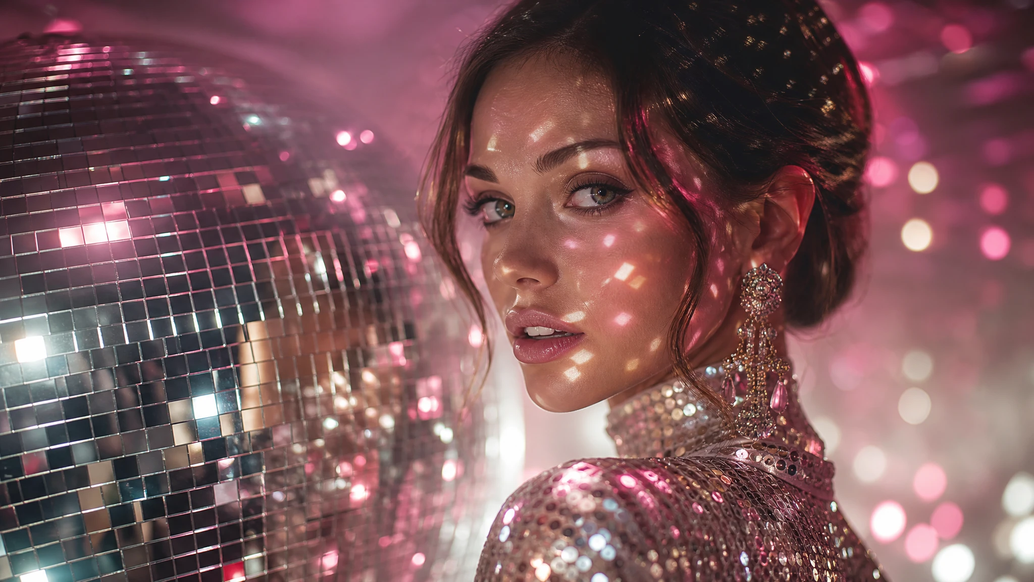 Mulher glamourosa iluminada por luzes de discoteca em retrato em close