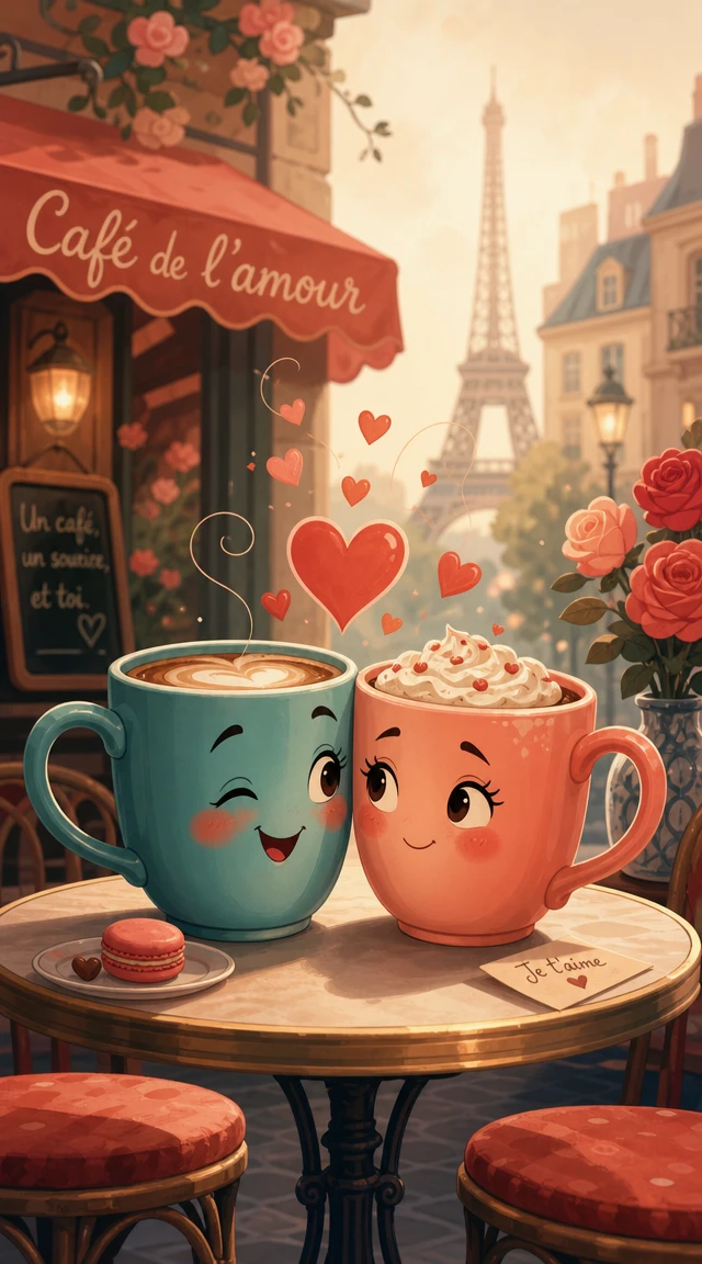 Tazze da caffè romantiche in stile cartoon in un sognante caffè parigino