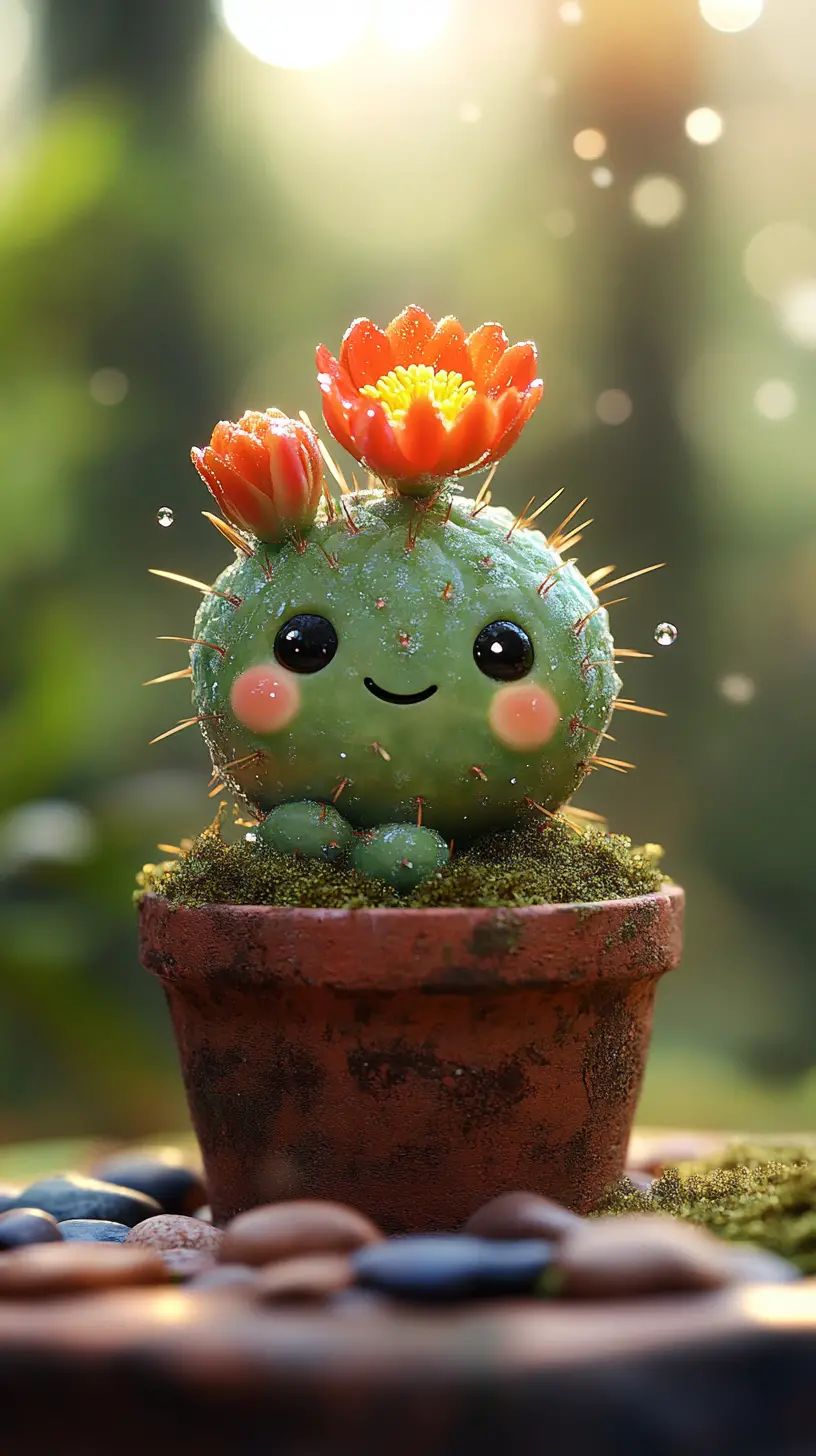 森林散景中的可愛仙人掌生物與陶土花盆