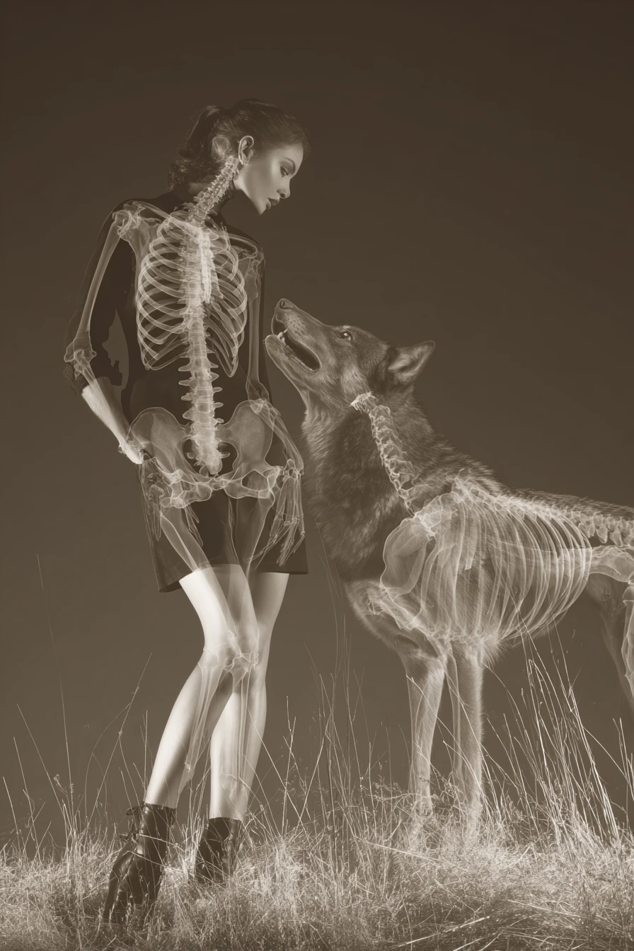 Visão em raio X de mulher e lobo brincando no prado