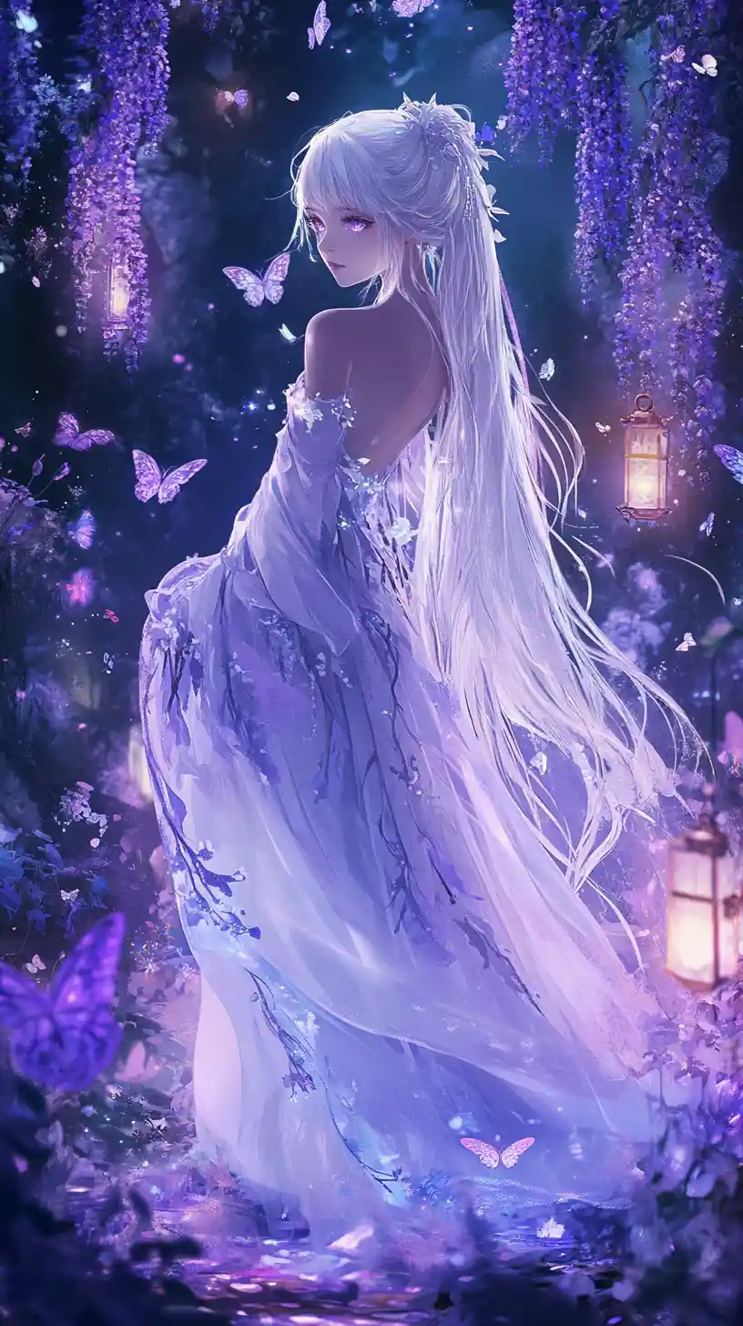 Ethereal Anime Princess In Glowing Lavender Flower Sanctuary