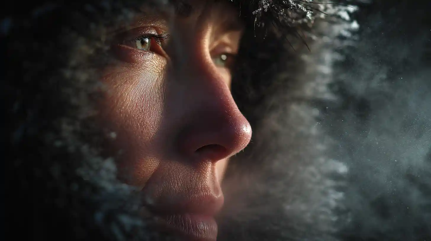 Woman exhaling visible breath in freezing backlit air