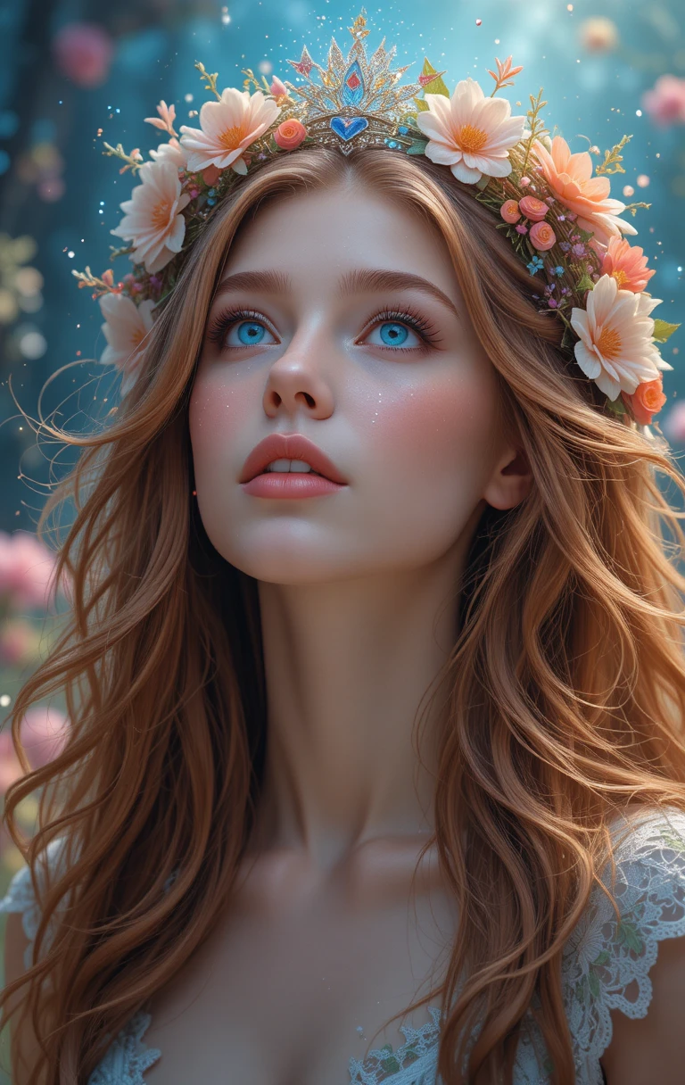 Garota com coroa de flores e retrato cintilante de conto de fadas