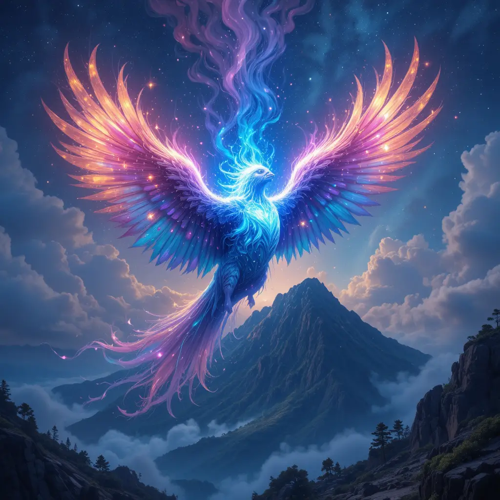 Oiseau de fantaisie céleste volant au-dessus du ciel d’un portail insulaire