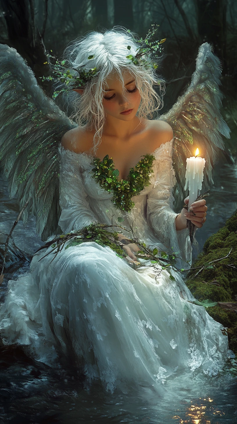 Mulher anjo com vela em uma floresta encantada