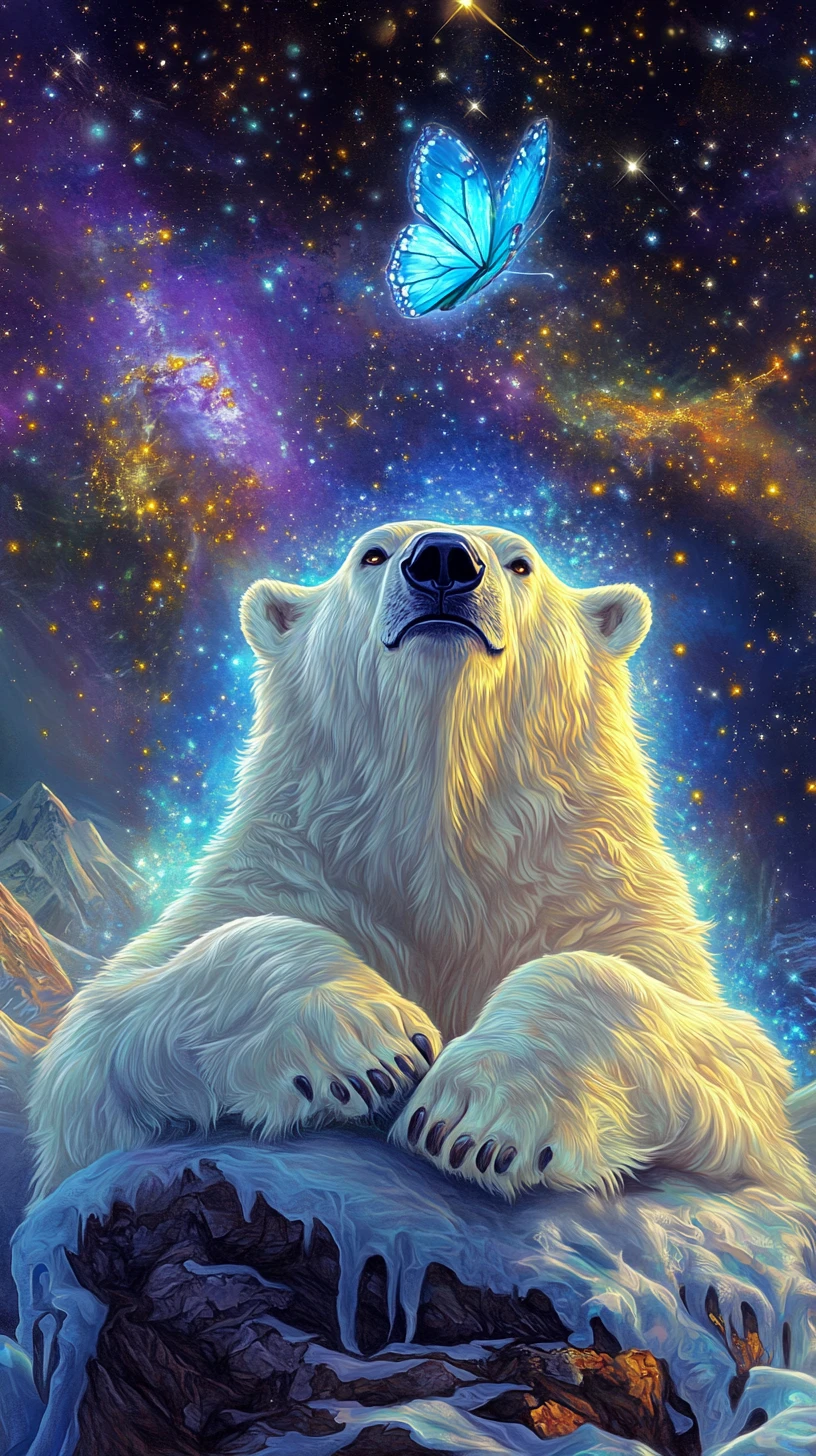 Urso-polar místico sob as estrelas no céu noturno cósmico