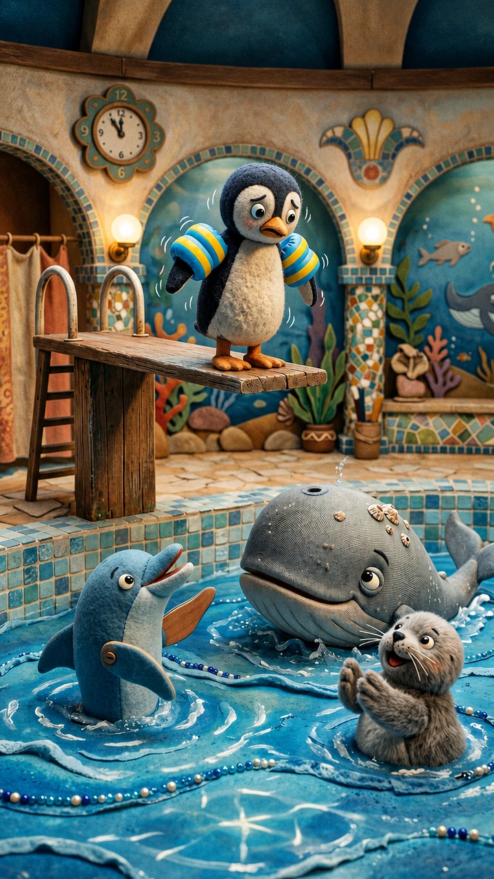 Dolce pinguino sul trampolino in una scena di piscina da fiaba