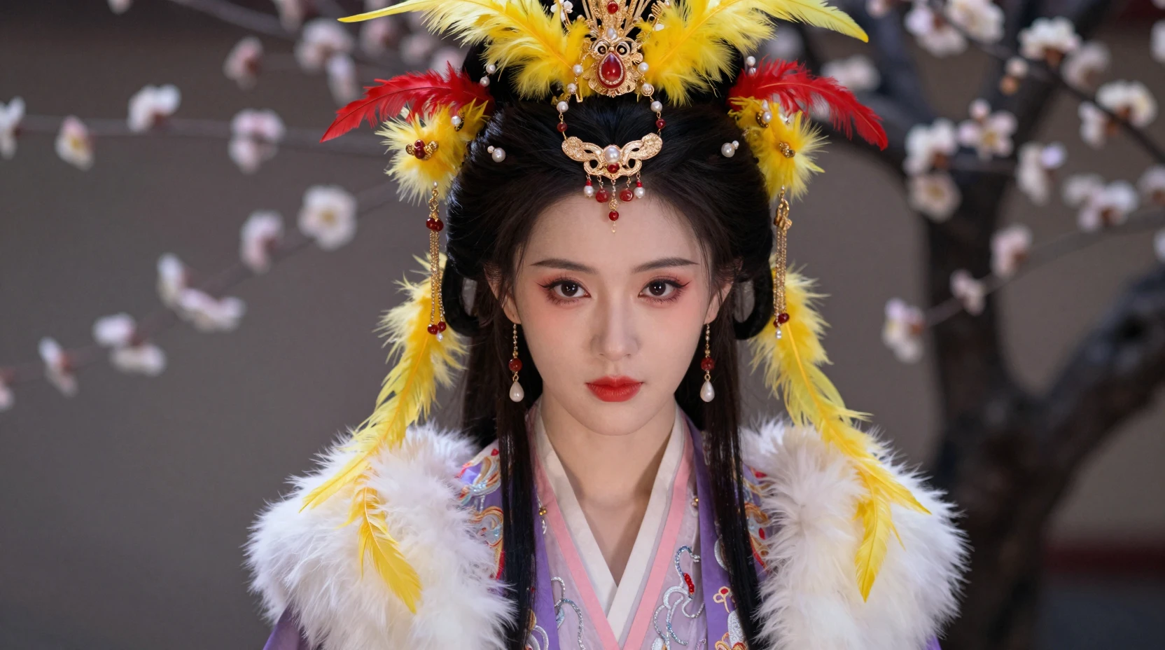 Mulher chinesa antiga com elaborado cocar de penas