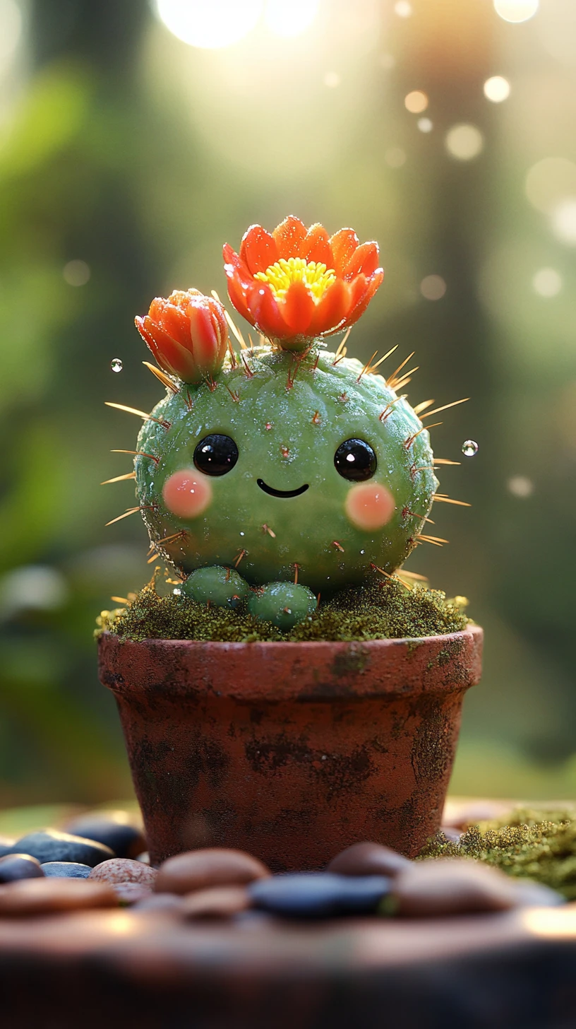 Cute cactus creature in terracotta pot with forest bokeh
