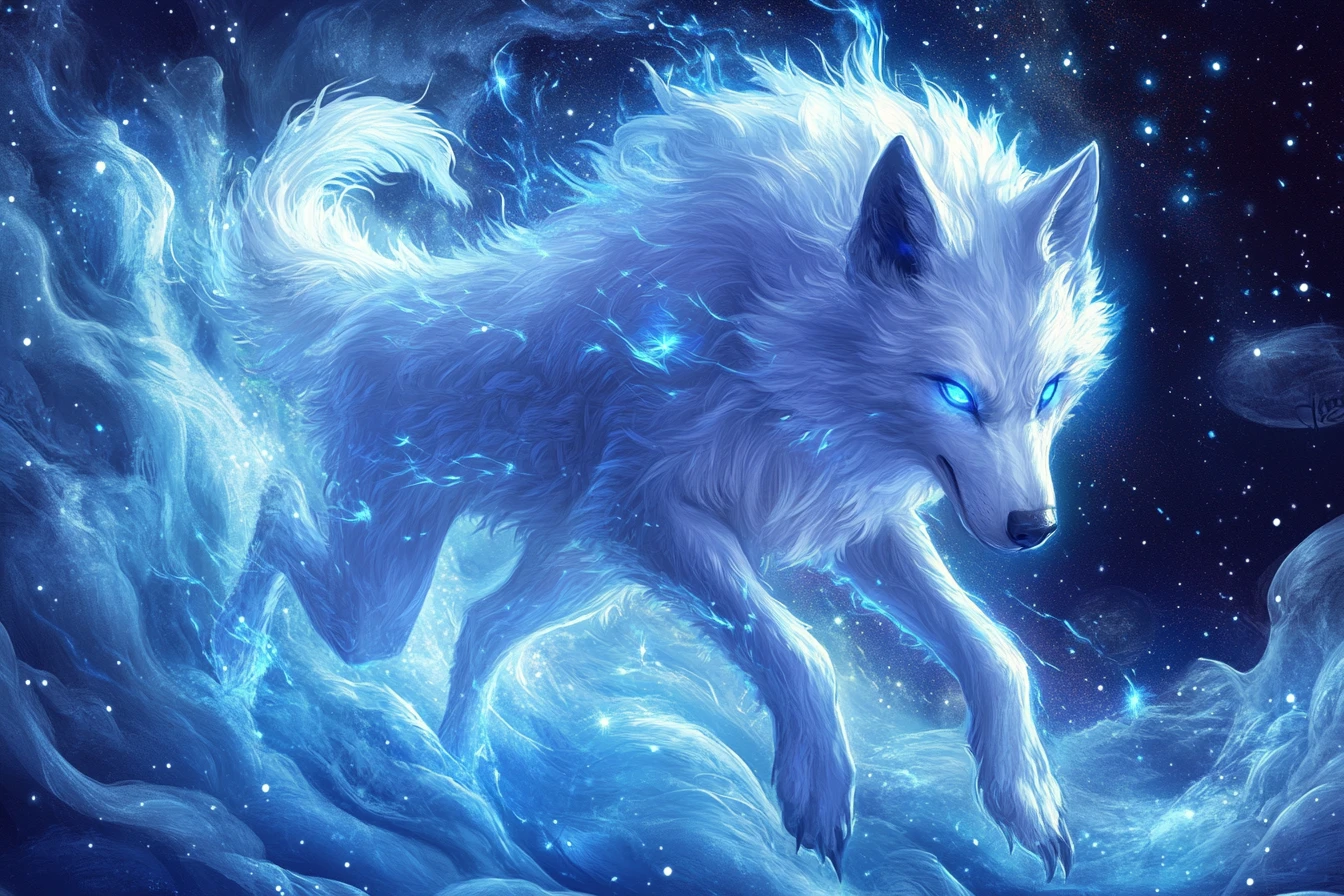 Lobo sorridente prateado e azul avançando sob um céu estrelado