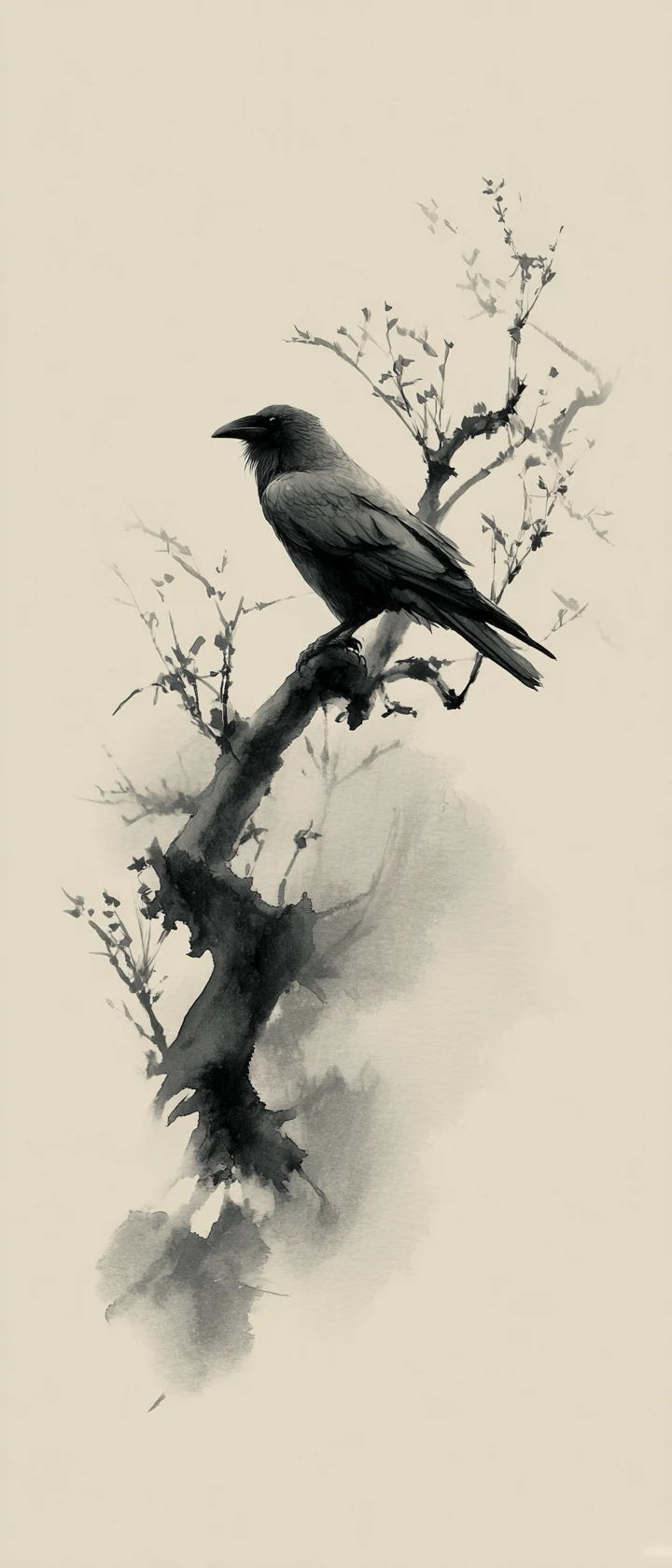 Corbeau solitaire sur une branche desséchée en peinture à l’encre minimaliste