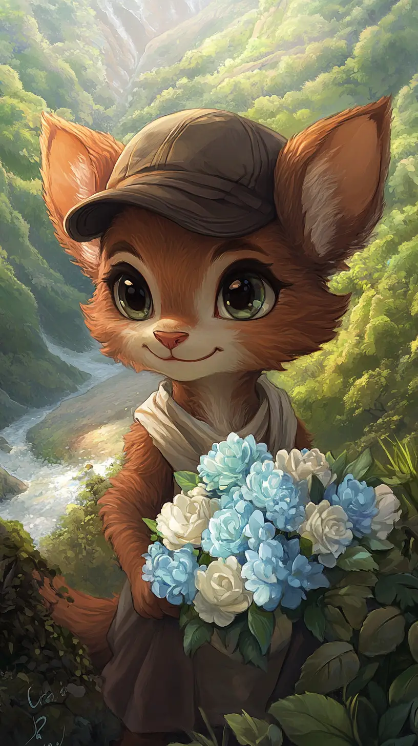 Cute young meerkat with flowers overlooking a lush valley