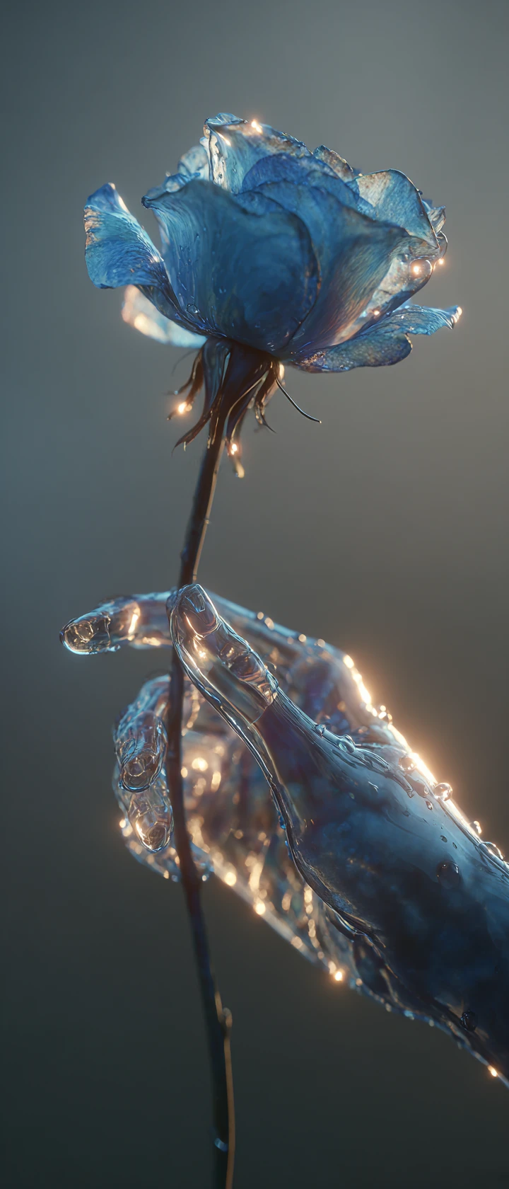 Geisterhafte Hand hält eine verwelkte blaue Rose im Morgengrauen
