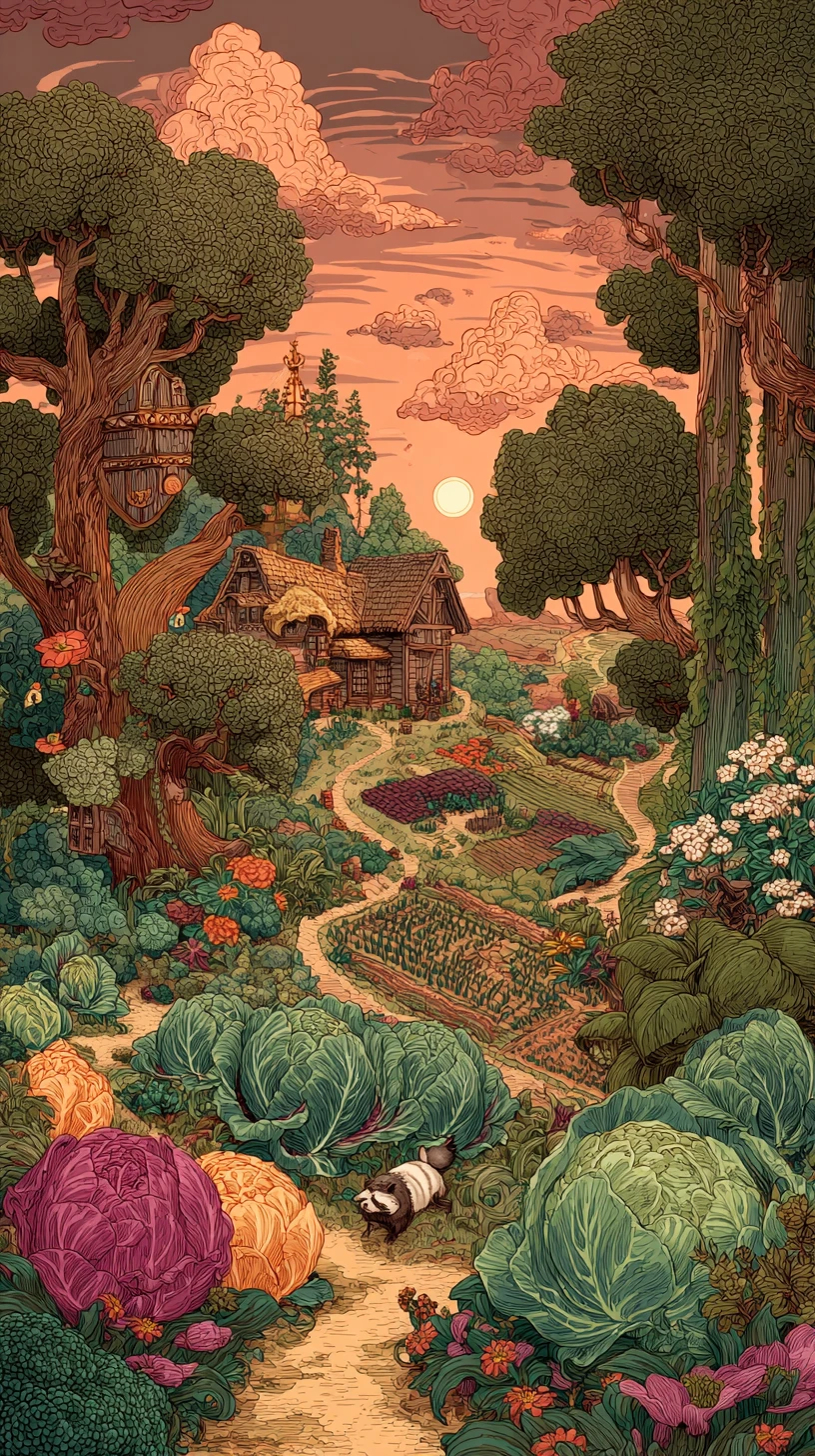 Vilarejo de fantasia entre lírios e vegetais gigantes ao anoitecer
