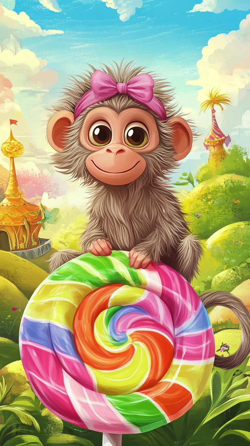 Süßes zotteliges Äffchen auf einem riesigen Lutscher im Candyland