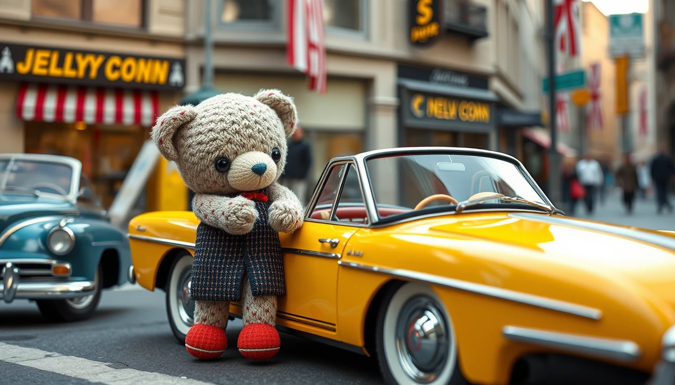 Personagem jellycat em desenho animado passeando por uma rua movimentada da cidade