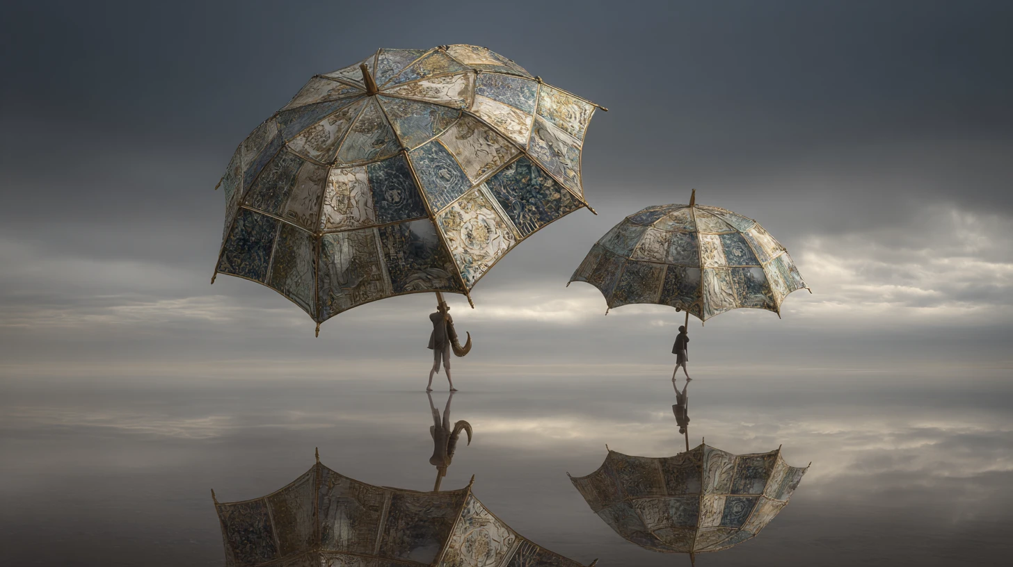 Ombrelli patchwork surreali che fluttuano in un cielo pastello
